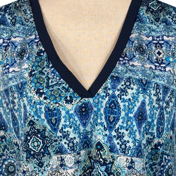 Roz & Ali X-Large Top Geometric Stretch Hi-Low Hem V-Neck Dolman Cap Sleeve Blue - Picture 2 of 9